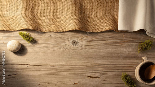 A warm and inviting top-down composition featuring a textured, weathered wooden plank surface