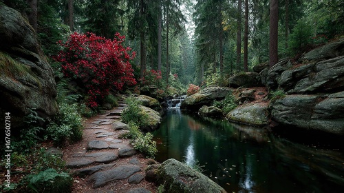 In early autumn, a small river deep in the dense woods and a small path beside it