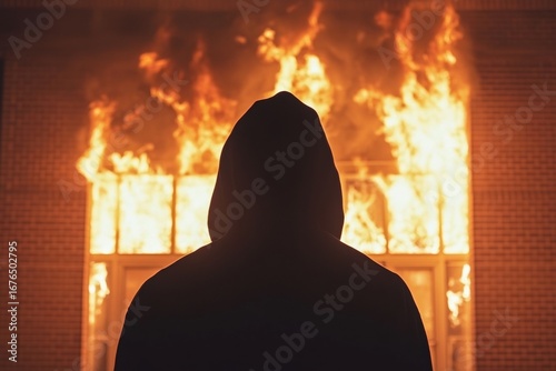 Dark Scene of Person in Black Hoodie Facing Burning Brick Silhouette man standing front
