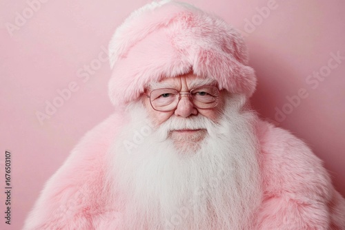 Elderly man in pink furry hat and glasses with whimsical pastel Santa Claus