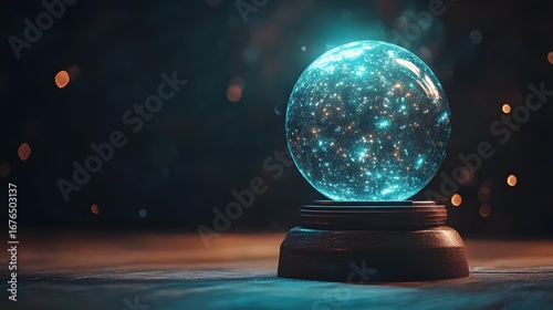Futuristic glowing crystal ball with starry galaxy pattern on wooden stand, digital art, sci-fi concept, cosmic energy visualization, space exploration theme