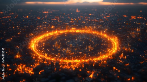 Futuristic cityscape at night with glowing circular neon lights and illuminated skyscrapers creating a high-tech digital environment