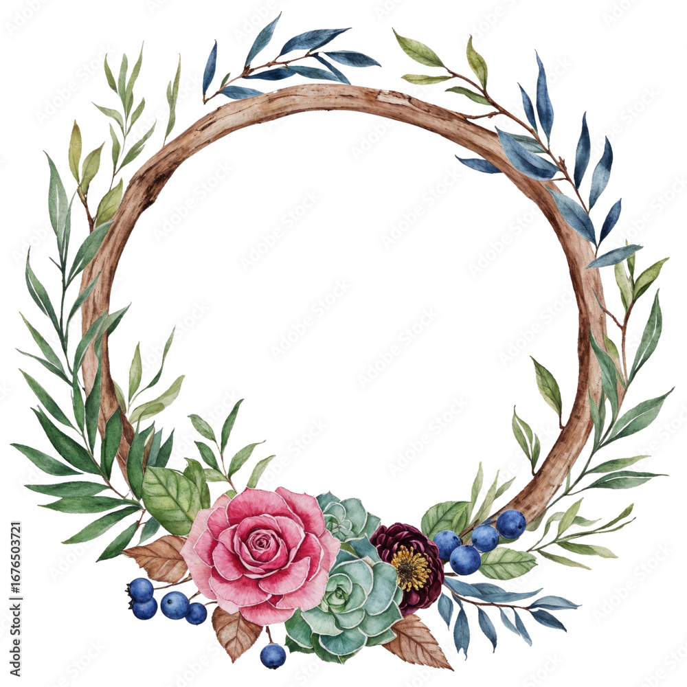 Naklejka premium Rustic Boho Wreath with Roses and Feathers