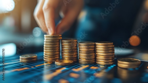Close-up of a person's hand stacking golden coins on a financial chart with modern digital background for investment and wealth growth
