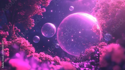 Fantasy cosmic landscape with glowing pink and purple bubbles floating among luminous pink trees in a surreal dreamlike environment