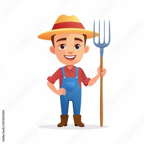 Smiling young farmer character holding a pitchfork