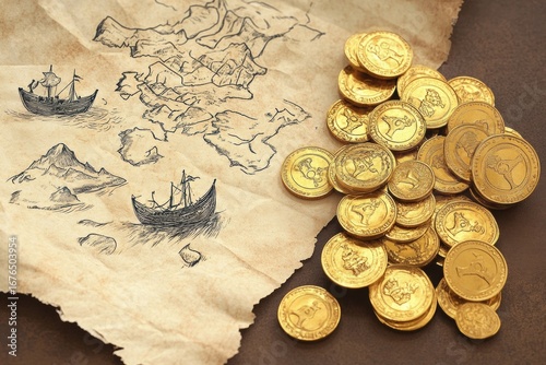 Golden treasure scattered on rustic surface with antique map backdrop, Hand drawn pirate