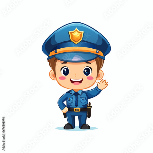 Cute Cartoon Police Officer Character Waving