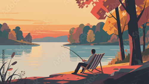 Man Fishing at Sunset Design Template Illustration