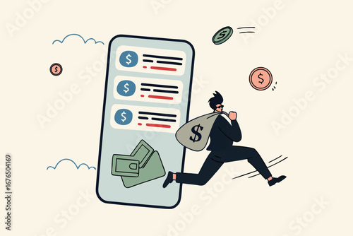 Call center fraud or scam stealing money from mobile banking application, fake phone call or financial crime, phishing or financial threat concept, scammer thief steal money from mobile banking app.