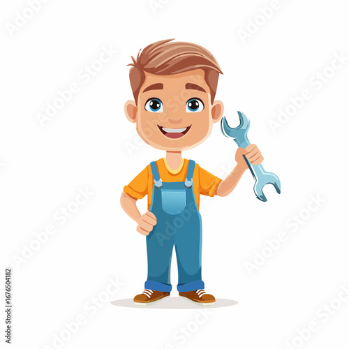 Boy mechanic holding a wrench Repair and maintenance concept