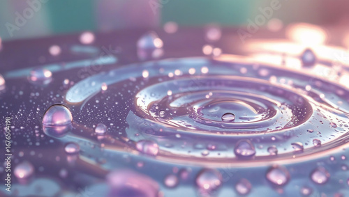 Water drops liquid surface ripple effect purple background macro photography close up detail abstract art