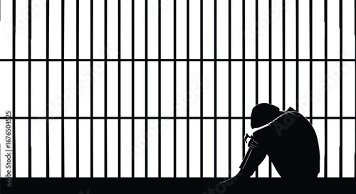 Lonely Prisoner Sitting in Jail Cell Behind Bars, Depression, Solitary Confinement, Crime Punishment Concept, Vector Silhouette Illustration