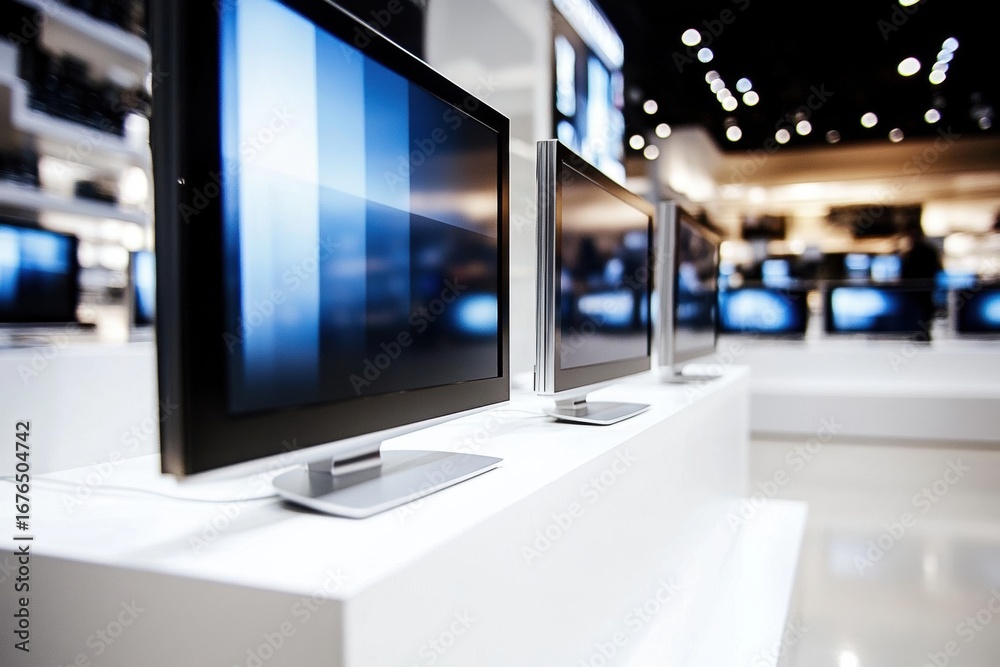 Fototapeta premium Modern and sleek flat-screen televisions neatly arranged on a white Flatscreen TVs for sale in electronic