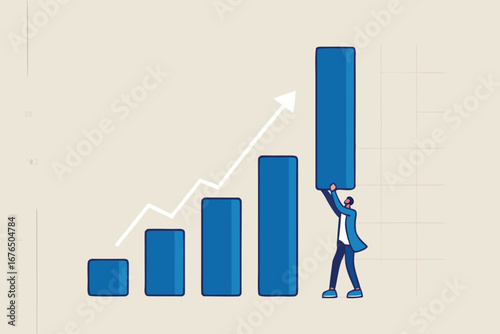 Growth or improvement, increase sales or revenue raising, growing business or develop marketing plan to help gain more profit concept, confident businessman help lift up bar graph to new high level.