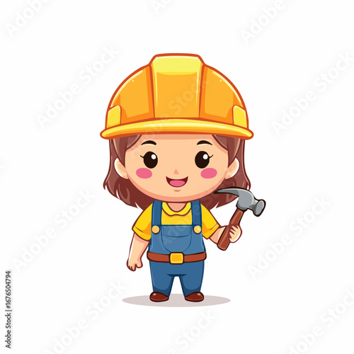 Cute cartoon girl builder in overalls and hard hat