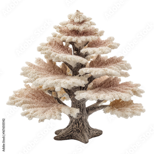 Detailed close up of a textured stylized tree with brown bark and layered coral like foliage in light brown and white