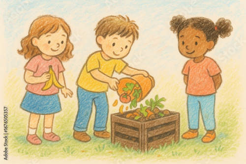 Crayon illustration of children composting organic waste