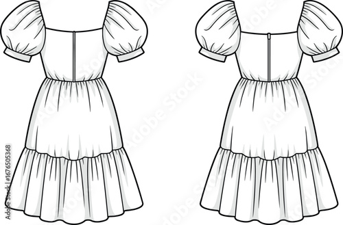 White Puff Sleeve Dress with Tiered Skirt and Zipper Back Design for Fashion Sketch or Clothing Illustration