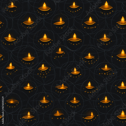 Minimal seamless diya flame icons forming circular tessellation
