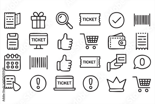 E-commerce and Ticket Icons Pack Vector Illustration with Wallet, Cart, and Sale Symbols
