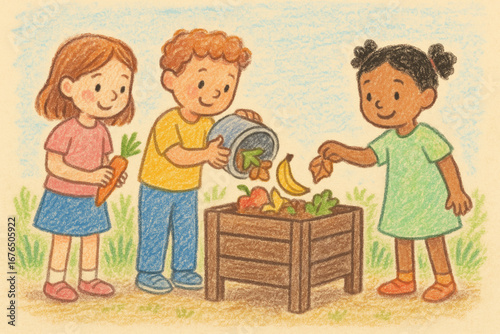 Crayon illustration of children composting organic waste