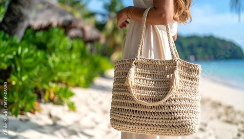 Woman carrying crocheted beach bag