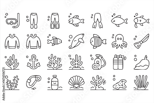 Diving Adventure Vector Icons Set for Ocean, Travel, and Water Sports Projects