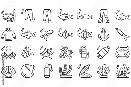 Snorkeling and Marine Life Icon Collection Featuring Octopus, Reef, and Equipment
