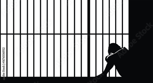 Depressed Inmate Sitting Alone in Prison Cell Behind Bars Silhouette Representing Solitude, Crime, Punishment, Justice, and Mental Health Struggles