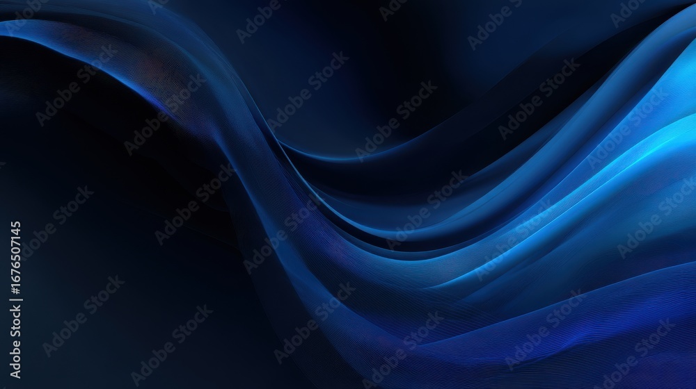 Fototapeta premium dark mode abstract wave in deep blue and black, soft fluid ripple with clean center space for text, modern business feel