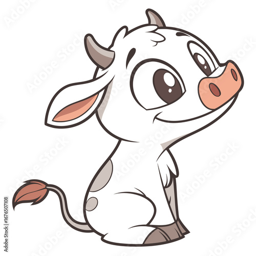 Adorable cartoon baby cow with brown spots sitting on white background calf animal