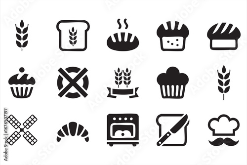 Vector Bakery Bread Icons Set with Loaf, Muffin, and Croissant Symbols