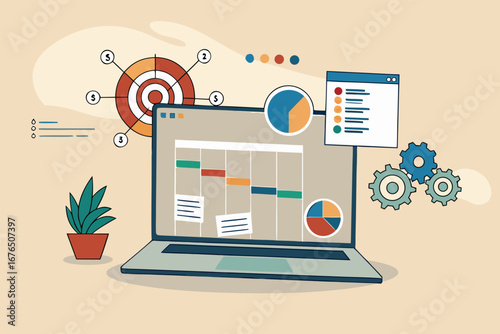 Project management, planning for software development, resources and budget planning, project schedule diagram, Gantt chart for work deadline concept, computer laptop with project management software.