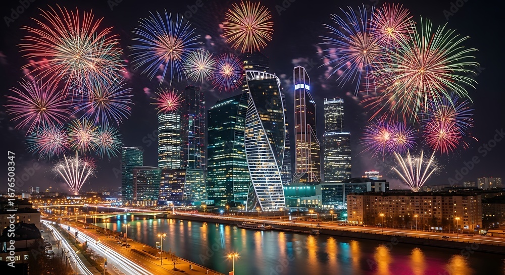 Fototapeta premium City Skyline with Colorful Fireworks at Night Over River