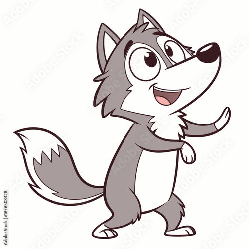 Cheerful cartoon wolf standing on hind legs with one paw raised and smiling on white background canine