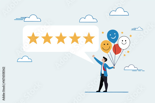 5 Stars review, customer feedback evaluation, best quality or satisfaction, opinion, best rating reputation or online positive review concept, customer giving 5 stars rating or customer experience.