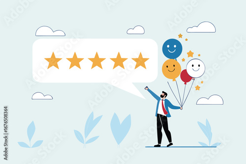 5 Stars review, customer feedback evaluation, best quality or satisfaction, opinion, best rating reputation or online positive review concept, customer giving 5 stars rating or customer experience.