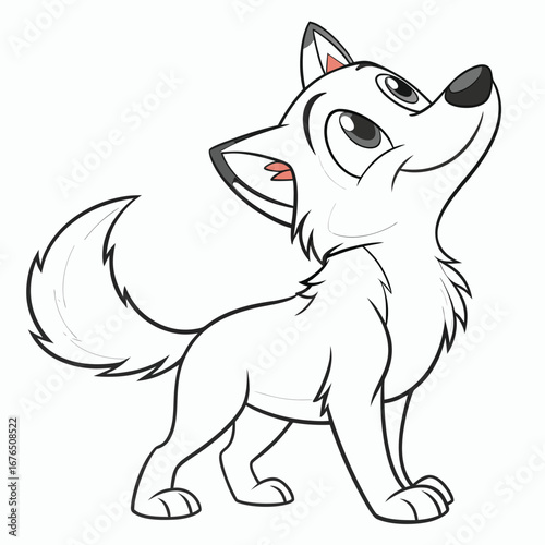 Cute cartoon arctic fox standing and looking up with happy expression on white background wolf canine