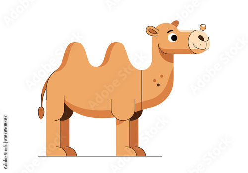 Adorable cartoon camel character illustration standing proudly in the desert landscape environment