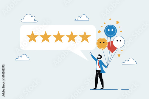 5 Stars review, customer feedback evaluation, best quality or satisfaction, opinion, best rating reputation or online positive review concept, customer giving 5 stars rating or customer experience.