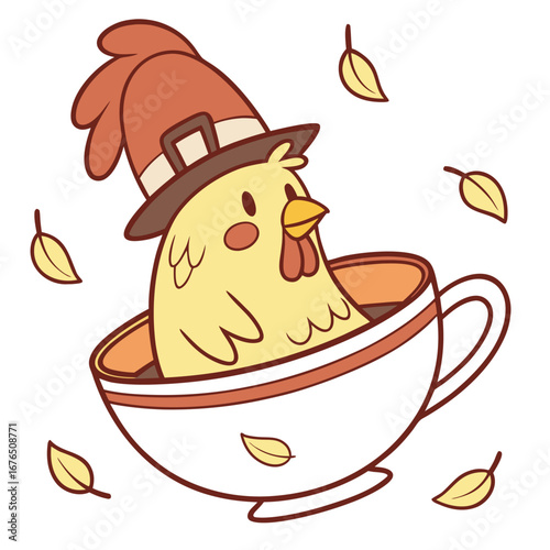 Cute Cartoon Chicken Wearing Pilgrim Hat Sitting in Coffee Cup with Falling Leaves bird fowl