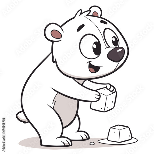 Cute cartoon polar bear cub holding an ice cube and looking at another ice cube on a plate baby animal