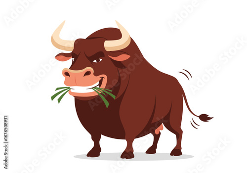 A fierce brown bull with big horns chewing grass with a mean expression ready to charge