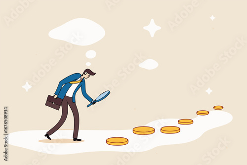 Searching for investment opportunity, financial success or salary raise, inspect way to make profit and earning concept, curios businessman with magnifier inspect and follow money coins trail. 