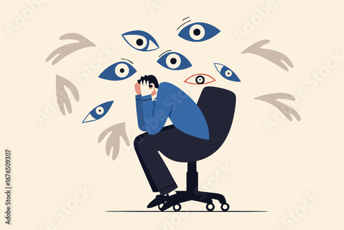 
Paranoia, fear and panic cause by mental health, phobia or disorder from mental disorder, depression from stress and anxiety concept, paranoia businessman sitting on a chair with creepy hand and eyes
