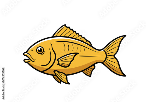 A simple cartoon illustration of a bright golden fish swimming gracefully in clear water