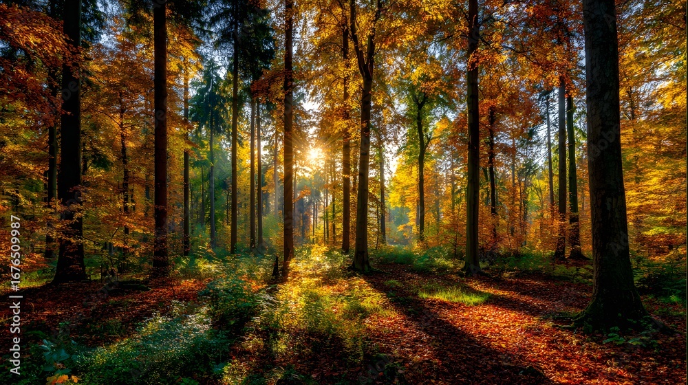 Obraz premium Golden sunlight streams through a dense autumn forest, illuminating the colorful foliage and creating a warm, inviting atmosphere.