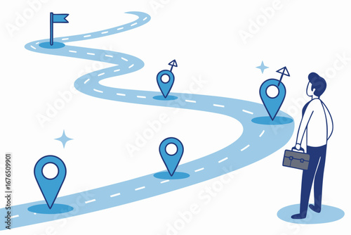 Success roadmap journey, milestone or career path achievement, route or pathway to achieve goals, accomplishment, assessment or way to success, businessman look at achievement milestone to success. 