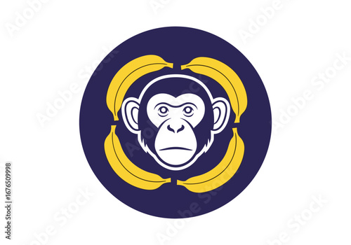 Playful monkey face surrounded by four yellow bananas within a dark blue circle abstract design